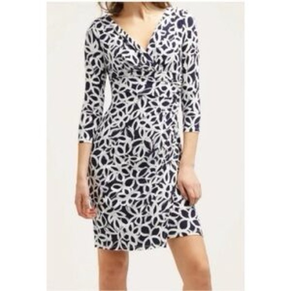 Ralph Lauren Black and White Sheath Dress V-Neck 3/4 Sleeve
